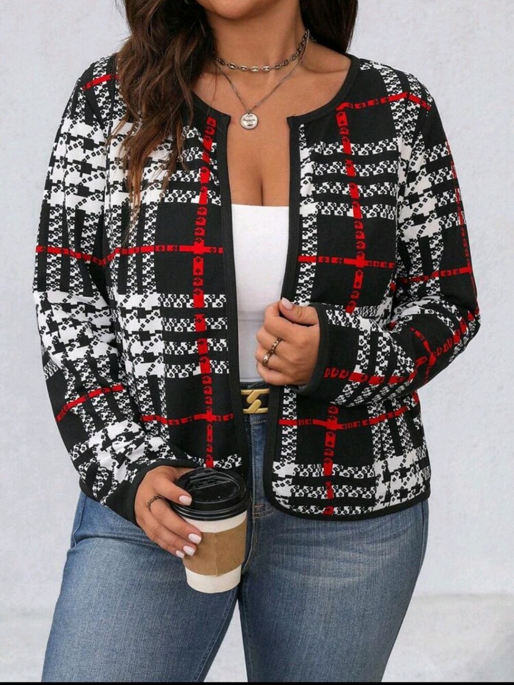 BRAND NEW ** Plaid Open-Front Jacket with Red Accent